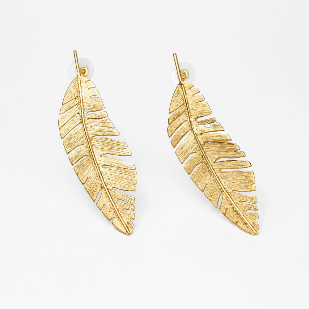 Long Plaintain Leaf earrings Nature’s Grace, Worn with Elegance